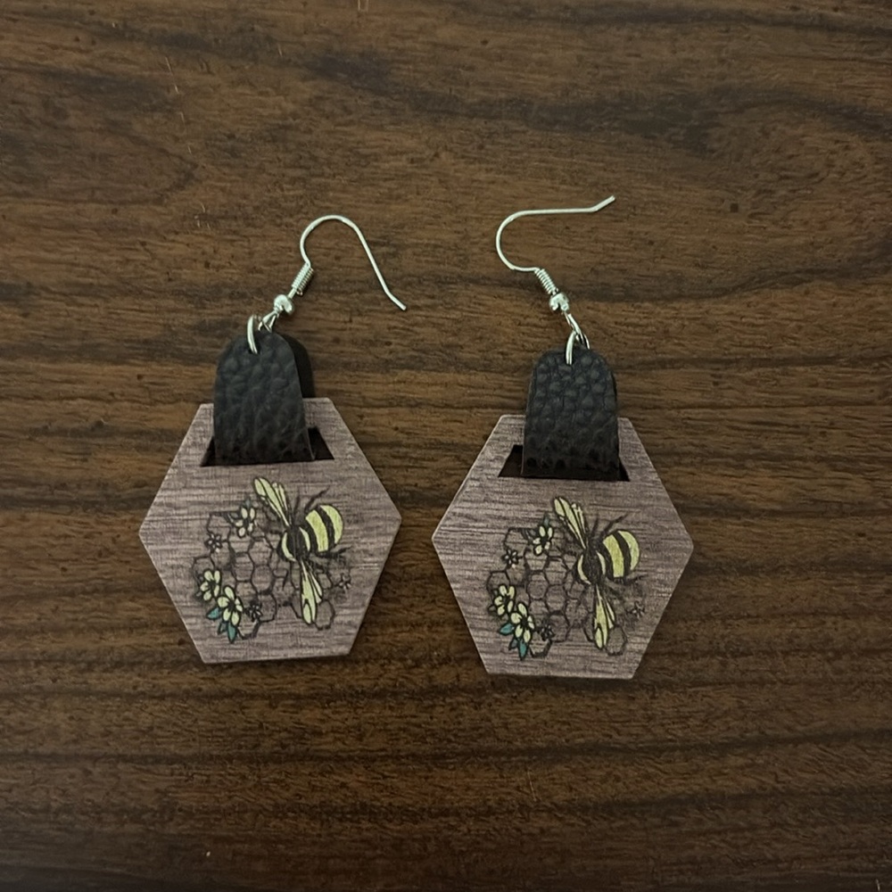 Hexagon Wood Bee Earrings